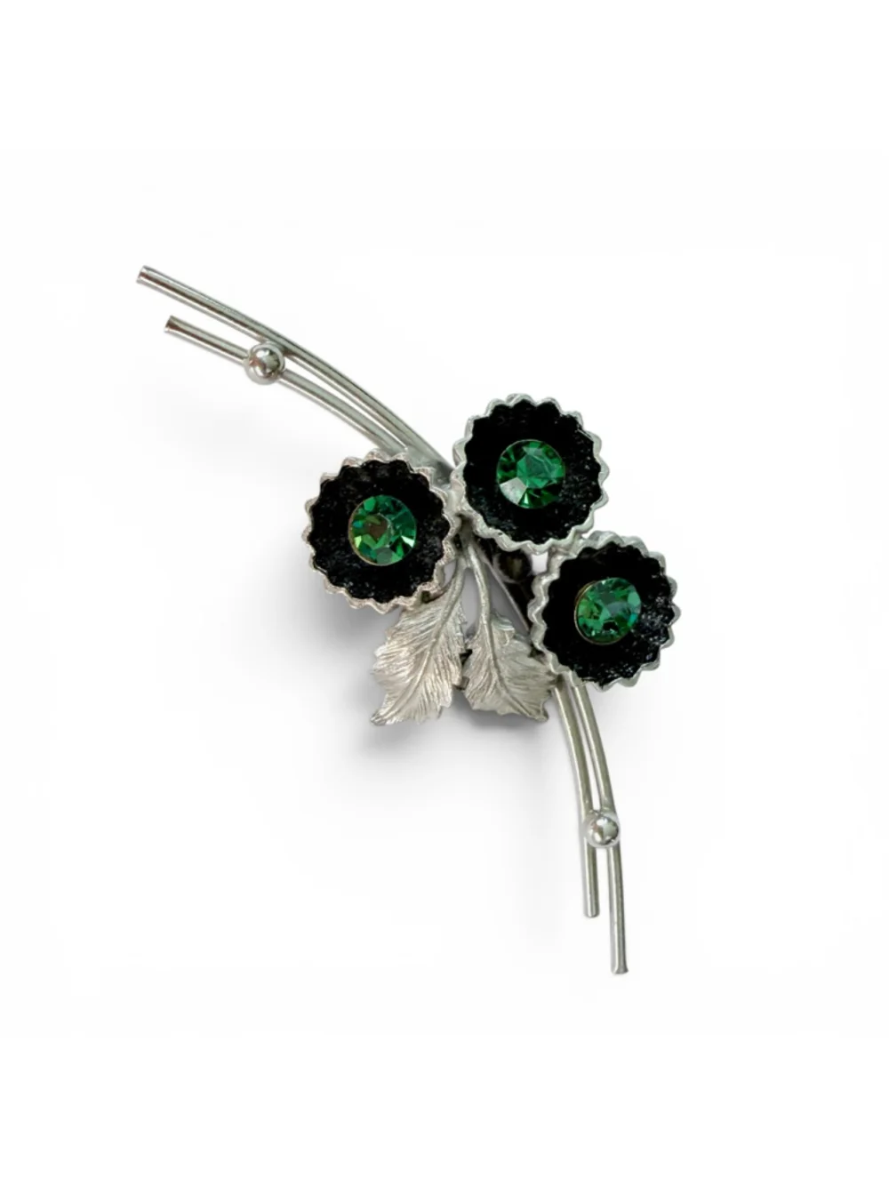 Vintage Green Rhinestone Flower Brooch Silver Tone Floral Spray Pin Black Enamel - Picture 8 of 8